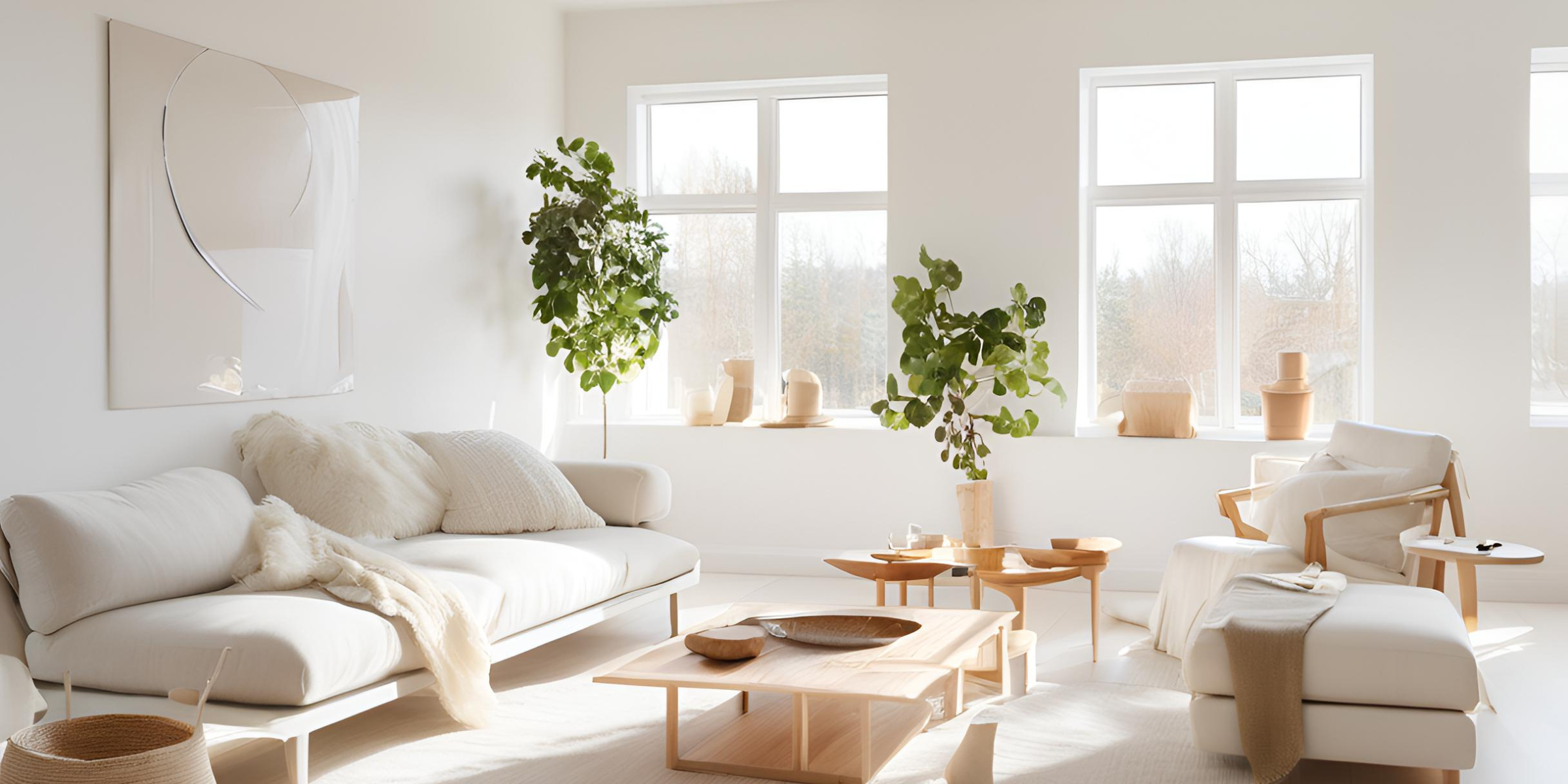 Cette image montre un intérieur de style scandinave, baigné de lumière naturelle. La pièce est meublée de façon minimaliste avec un canapé blanc et une table basse en bois clair au design géométrique. Des plantes vertes placées dans des pots en bois et en céramique ajoutent une touche de fraîcheur. Les grandes fenêtres laissent entrer une abondante lumière, illuminant les tons clairs et naturels de l’espace.