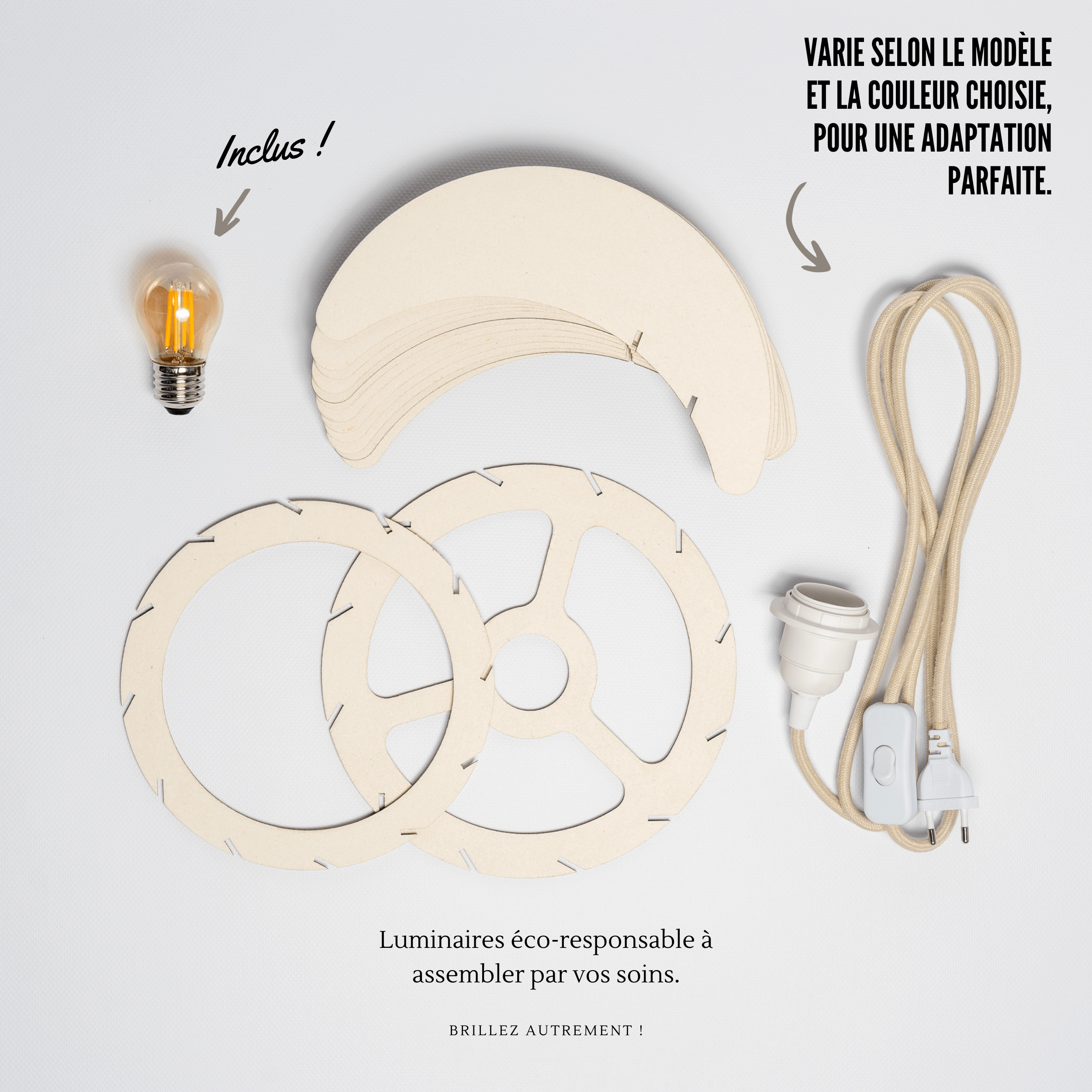 Luminaire garance en vu éclaté afin de mettre en valeur l'ensemble des éléments qui composent le packaging.