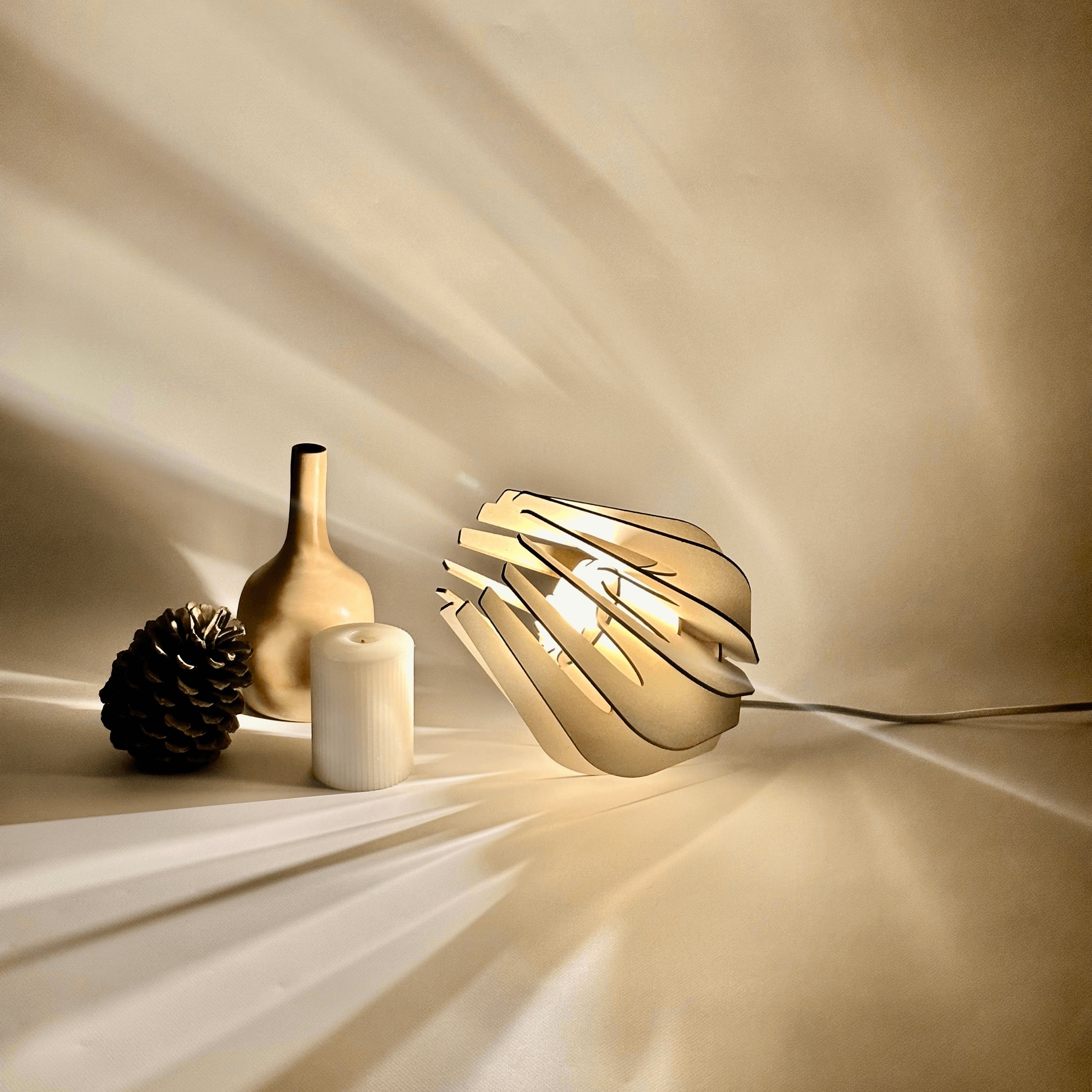 Le luminaire Lucien est mis en valeur durant un shooting photo dans le noir afin de mettre en avant l'éclat de lumière qui sort de ce luminaire. Un vase, une pigne de pain et une bougie positionnés à gauche rajoute une note minimaliste.