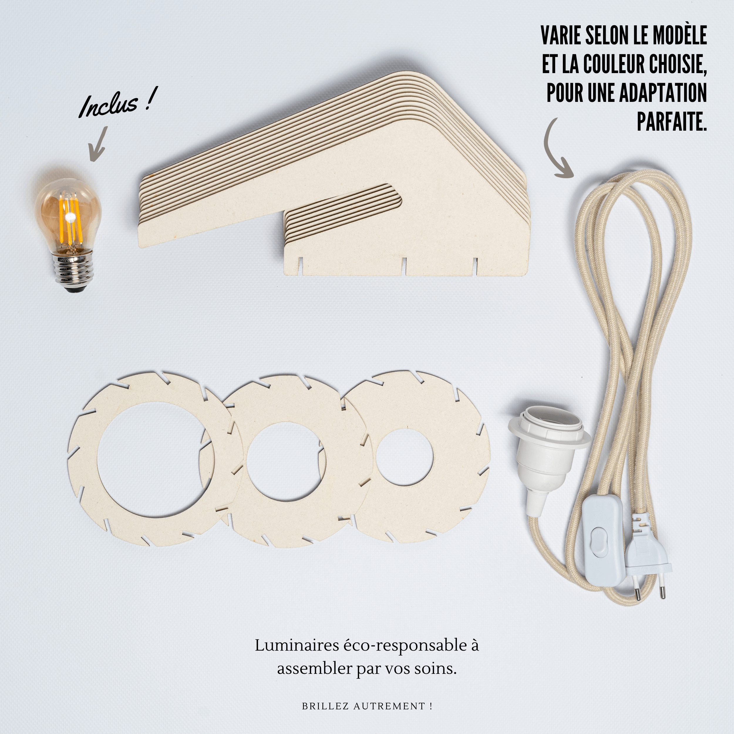 Lucien est un luminaire qui s'assemble tres facilement. Vous trouvez sur cette photo l'ensemble des pièces constituants le packaging.