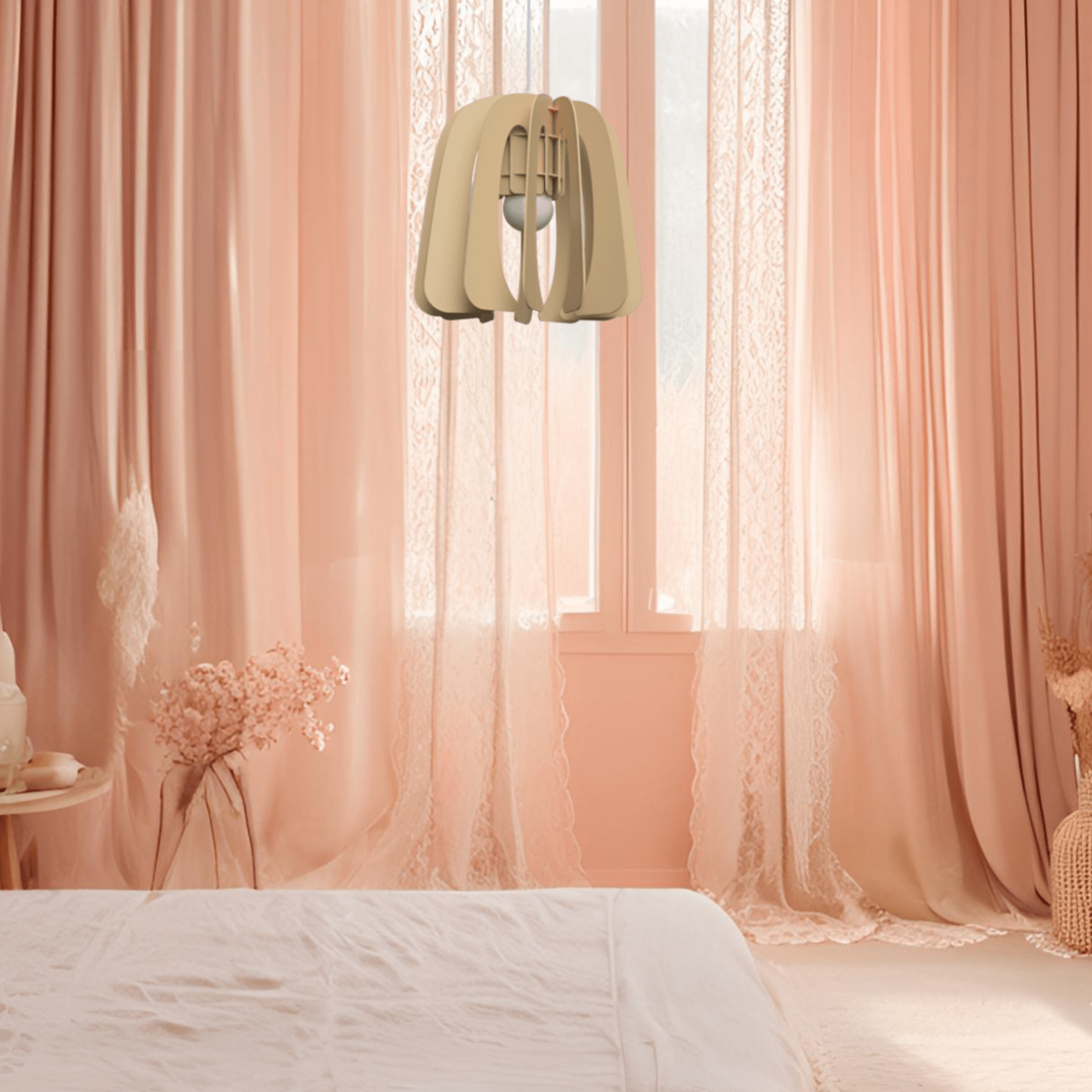 Une chambre baignée de lumière, décorée dans des tons naturels doux de rose et de beige. En suspension au centre, un luminaire au design organique et épuré, réalisé en matériaux naturels, apporte une touche moderne et élégante à l'ambiance chaleureuse et délicate de la pièce. Les rideaux en dentelle laissent filtrer une lumière tamisée, accentuant l'atmosphère apaisante.