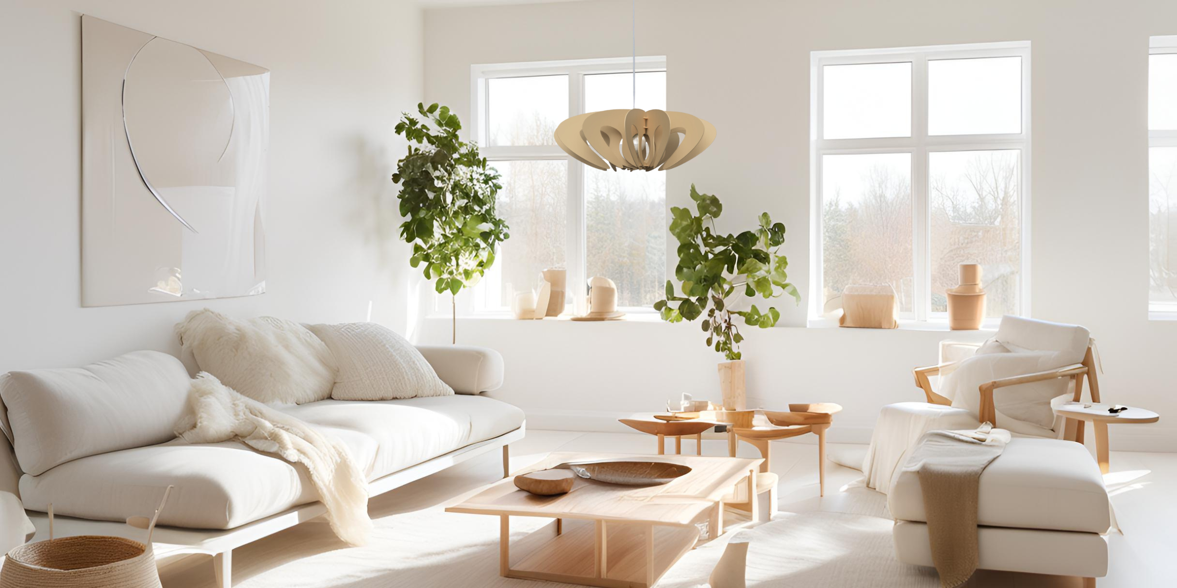 Cette image montre un intérieur de style scandinave, baigné de lumière naturelle. La pièce est meublée de façon minimaliste avec un canapé blanc et une table basse en bois clair au design géométrique. Un luminaire suspendu, également en bois clair, apporte une touche organique au décor. Des plantes vertes placées dans des pots en bois et en céramique ajoutent une touche de fraîcheur. Les grandes fenêtres laissent entrer une abondante lumière, illuminant les tons clairs et naturels de l’espace.