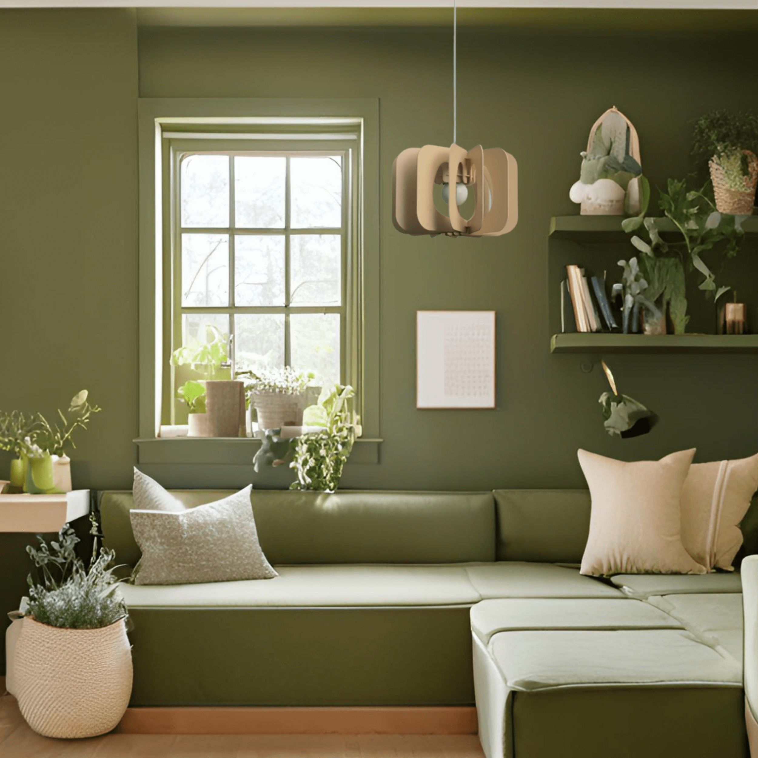 Suspension en bois clair au design minimaliste, éclairant un salon chaleureux aux teintes vertes. Canapé d'angle assorti, plantes d'intérieur et décoration sobre pour créer une ambiance naturelle et apaisante, parfaite pour un intérieur.