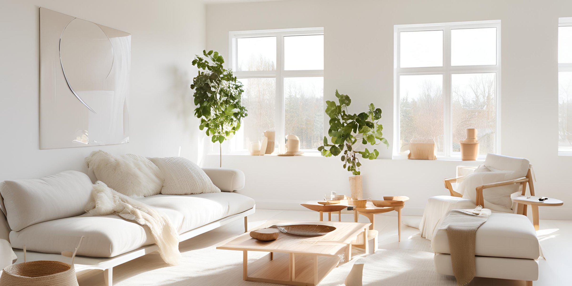 Cette image montre un intérieur de style scandinave, baigné de lumière naturelle. La pièce est meublée de façon minimaliste avec un canapé blanc et une table basse en bois clair au design géométrique. Des plantes vertes placées dans des pots en bois et en céramique ajoutent une touche de fraîcheur. Les grandes fenêtres laissent entrer une abondante lumière, illuminant les tons clairs et naturels de l’espace. 