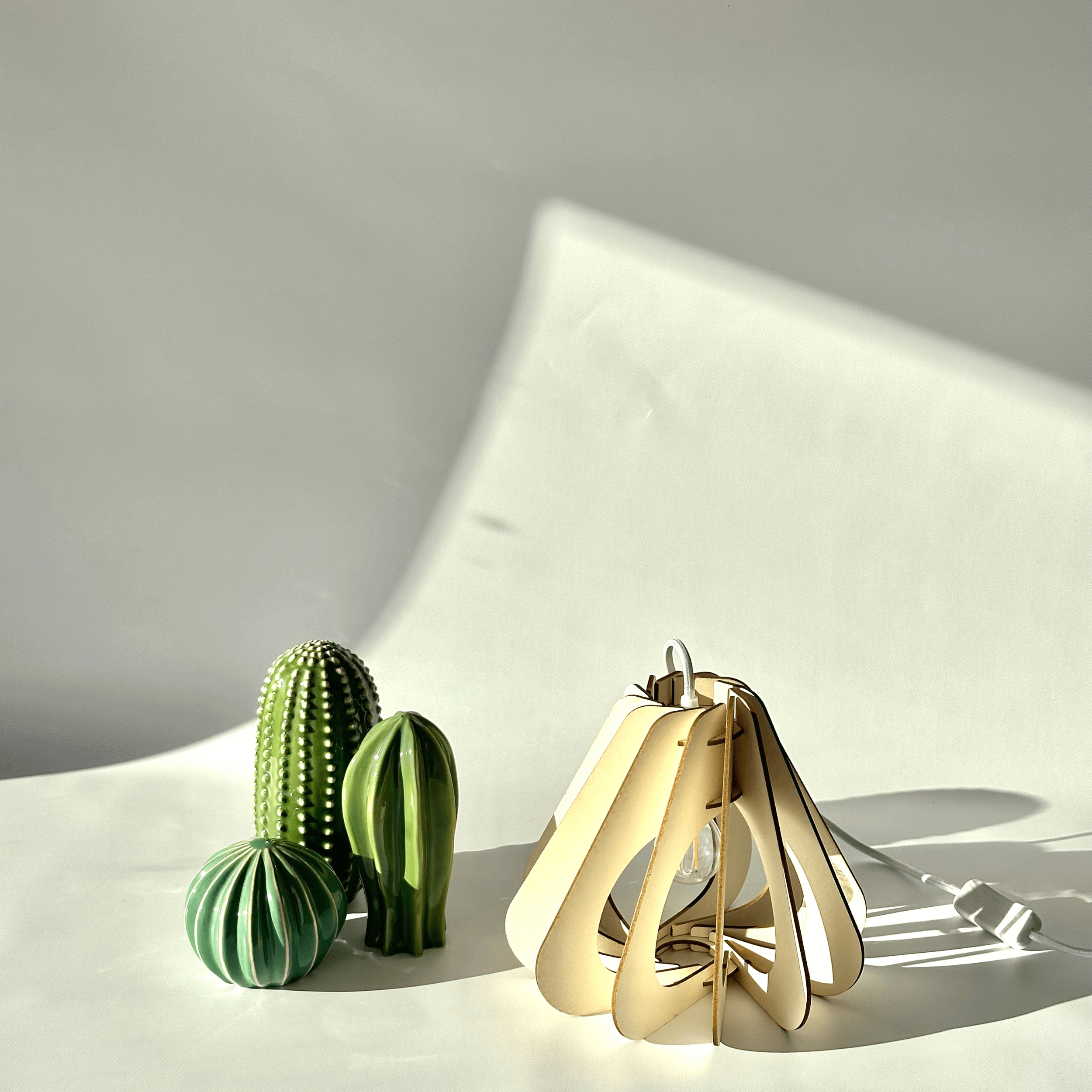 Le luminaire Marcel, mis en valeur dans cette photo avec fond blanc et lumière naturelle. Des objets en forment de cactus l'accompagnent? 