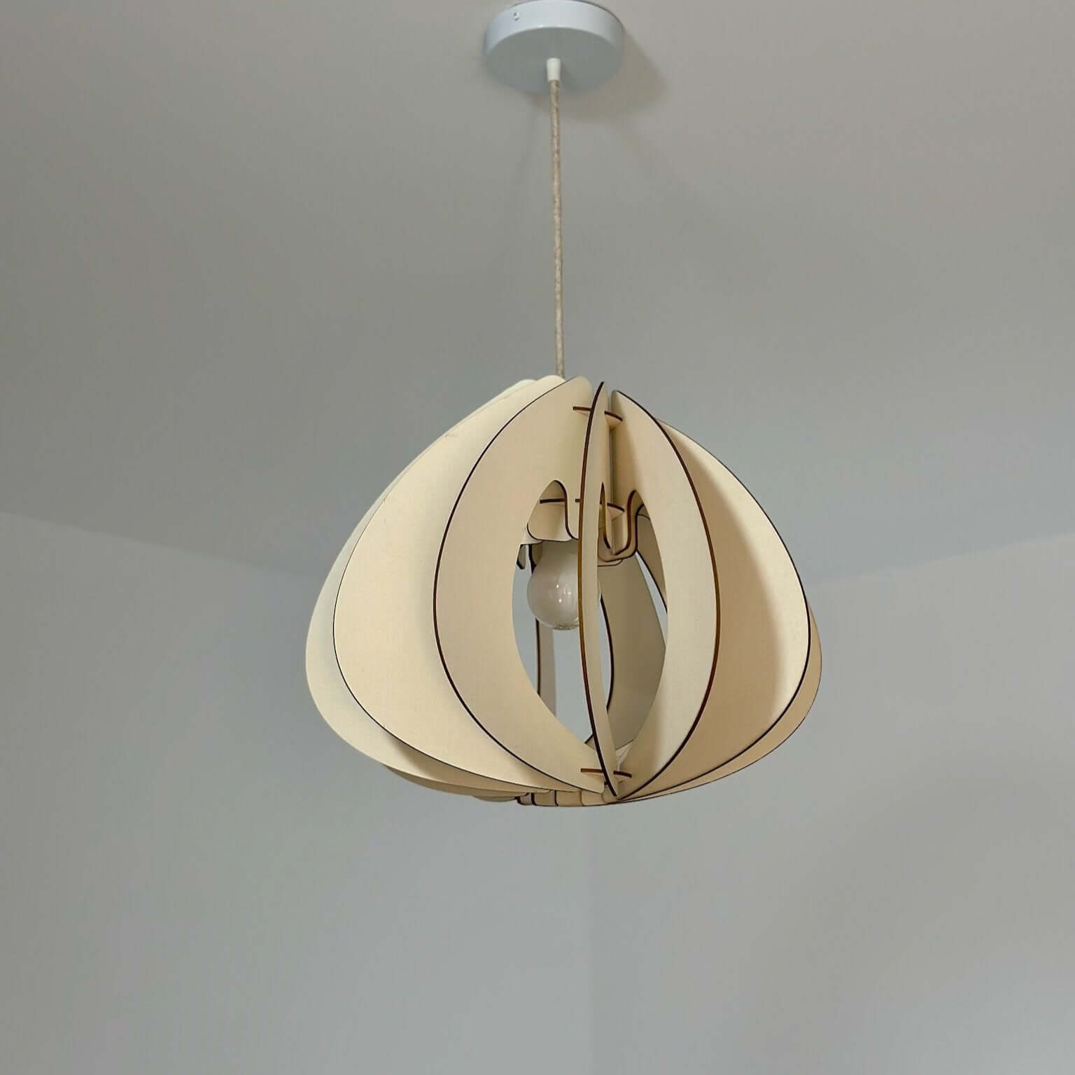 La photo montre un luminaire suspendue design en forme de pétales de carton bois, fixée au plafond d’une pièce - Alba - Papa Ampère