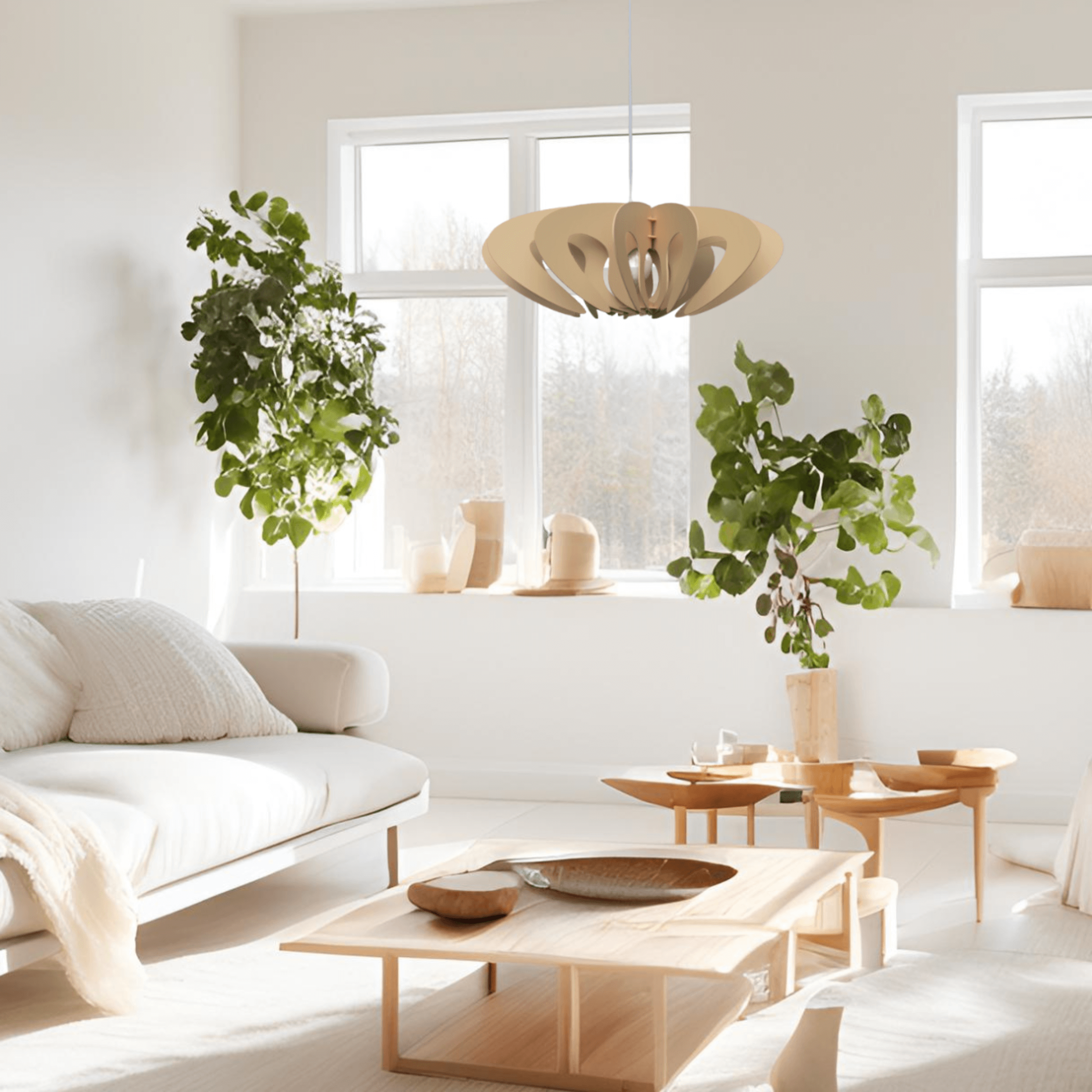 Cette image montre un intérieur de style scandinave, baigné de lumière naturelle. La pièce est meublée de façon minimaliste avec un canapé blanc et une table basse en bois clair au design géométrique. Un luminaire suspendu, également en bois clair, apporte une touche organique au décor. Des plantes vertes placées dans des pots en bois et en céramique ajoutent une touche de fraîcheur. Les grandes fenêtres laissent entrer une abondante lumière, illuminant les tons clairs et naturels de l’espace. 